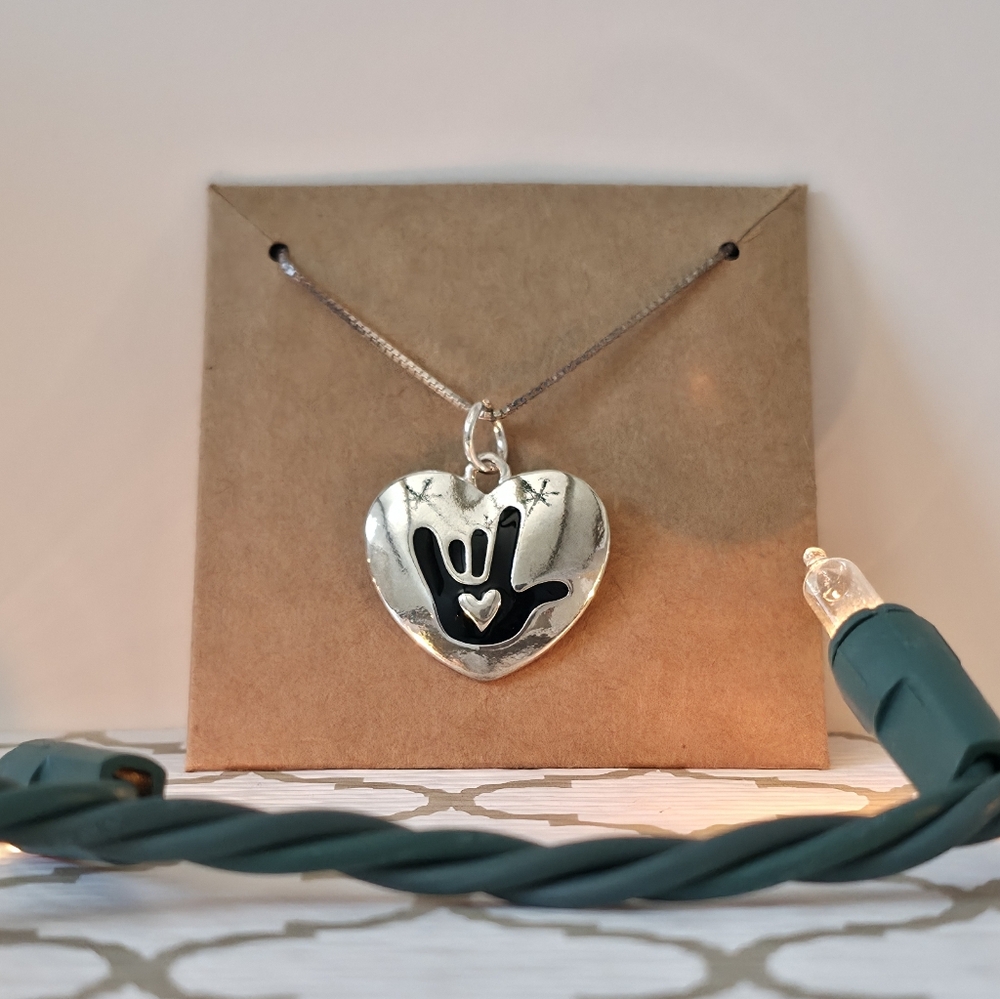 S925 Italy Sterling Silver Heart I Love You in Sign Language Pendant Necklace
